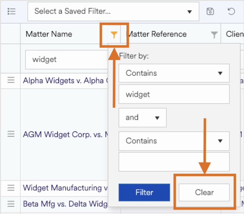Filter options for searching matters related to widgets in a database interface.
